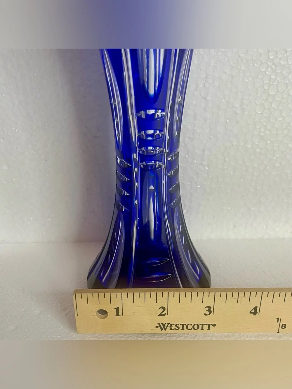 Vintage Cobalt Blue Cut Crystal Vase 12” Pedestal Geometric Art Glass Heavy Read